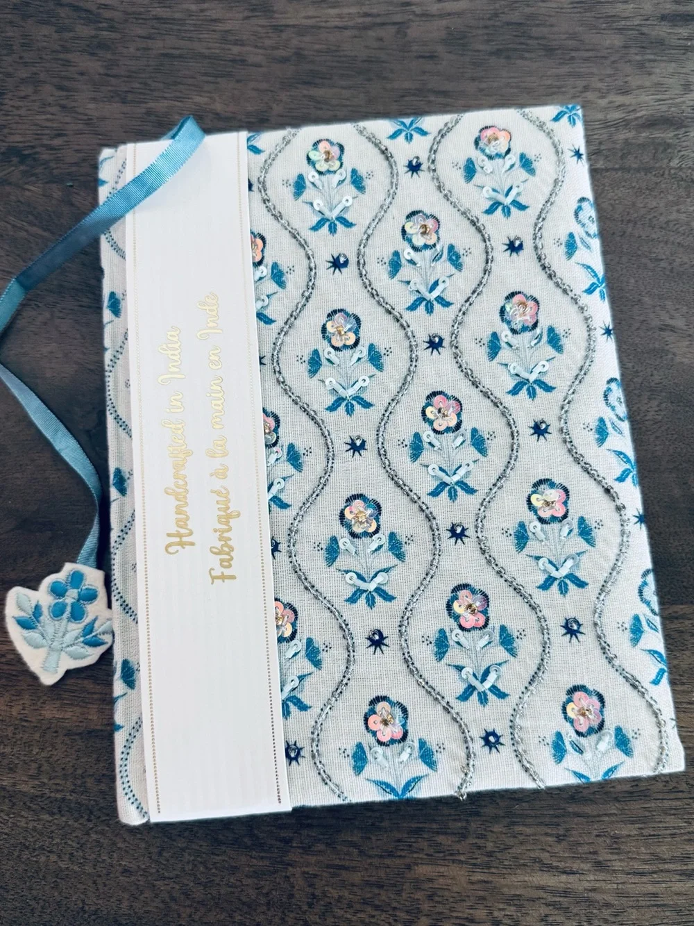 Handcrafted Blue Beaded Fabric Padded Journal Diary Notebook